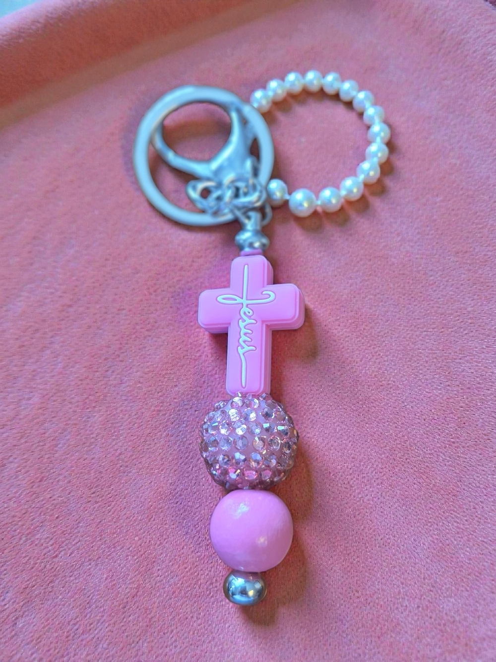 Jesus Cross Pink Rhinestone Silicone Bead Keychain Purse Charm
​